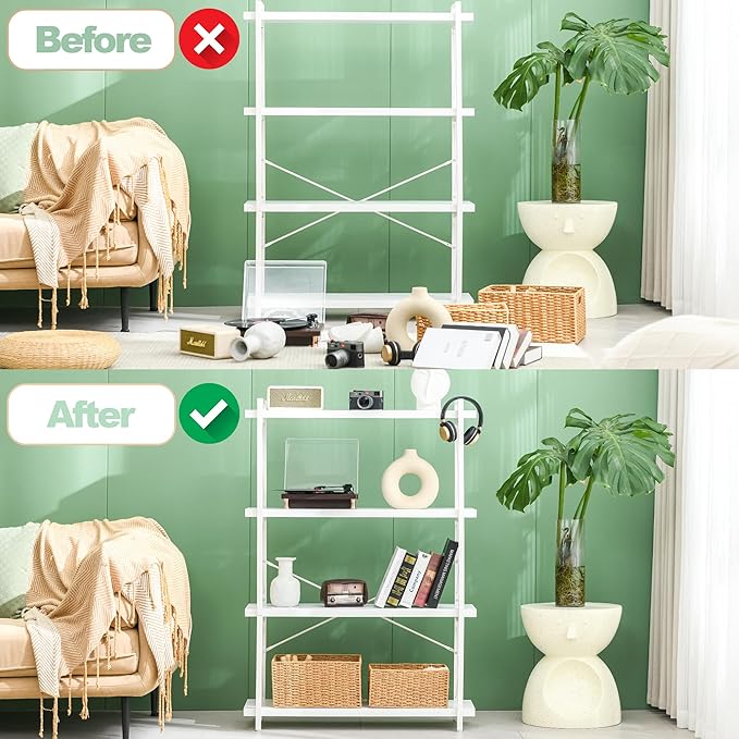 HCHQHS Bookshelf, 4-Tier Industrial Bookcase, White Open Book Shelf, Freestanding Tall Bookshelves with Metal Frame