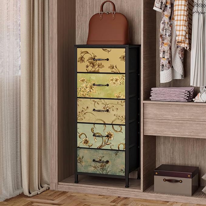 Furnulem Vertical Dresser for Bedroom, Tall Skinny Storage Tower with 5 Fabric Drawers, Chest of Drawers for Living Room, Dorm, Entryway, Vintage Furniture, Wood Top