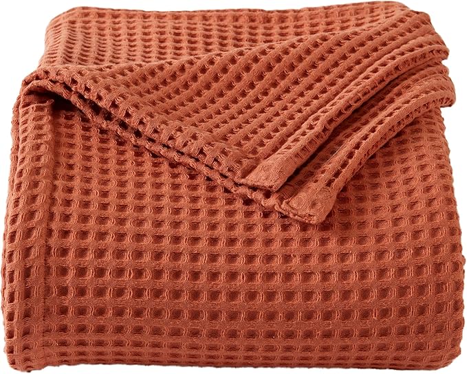 100% Cotton Waffle Weave Bed Blanket | Soft, Breathable, and Lightweight Blanket for All-Season | Perfect for Layering | Brielle Collection (King, Burnt Orange)