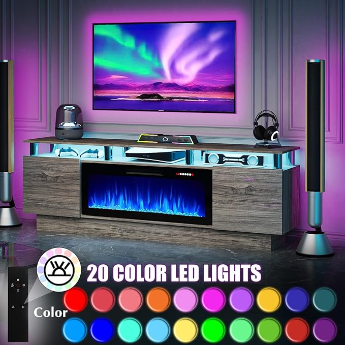 70" Modern Fireplace TV Stand with 36" Electric Fireplace for TVs Up to 80 inch, Luxury LED Light Entertainment Center with High Gloss Cabinet, TV Consoles for Living Room, Grey