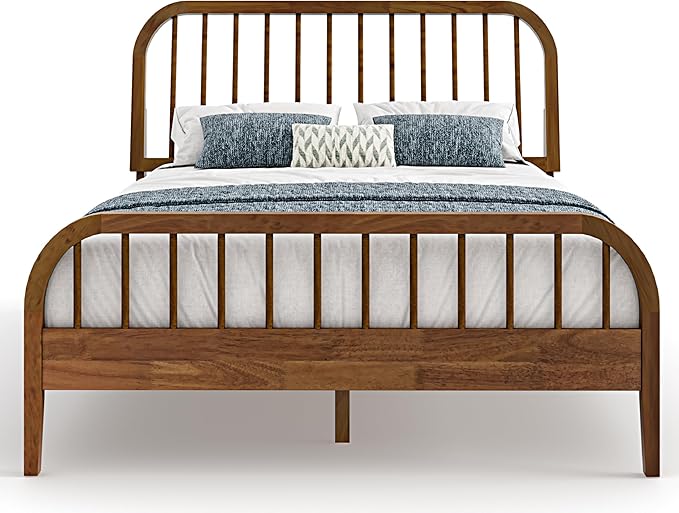 DG Casa Wesley Solid Wood Queen Size Bed Frame - Mid Century Modern Style, Platform with Spindle Headboard and Footboard, No Box Spring Required, Walnut Finish