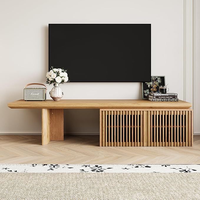 Modern TV Stand, Entertainment Center with Storage, Extendable TV Media Console for Up to 55+ Inch, Minimalist Television Cabinet for Living Room/Bedroom - Wood Color (78.7"-110" Extendable)