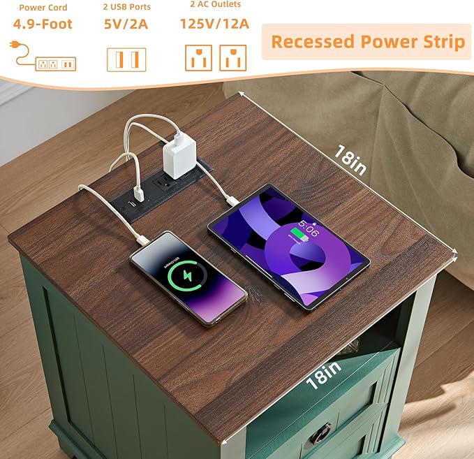 18" Farmhouse Night Stands Set of 2 with Charging Station, 2 Drawers Bedside End Table, Green Wooden Nightstand, Bed Side Table Cabinet with Open Shelf for Bedroom Living Room Office