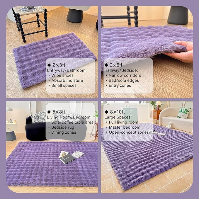 Purple Rabbit Plush Area Rug for Bedroom Living Room Sofa,3'X5' Faux Fur Fluffy Shaggy Rectangular Square Rug for Kids Teen Girls Room,Furry Carpet Rug for Nursery Baby Room Decor for Teenage