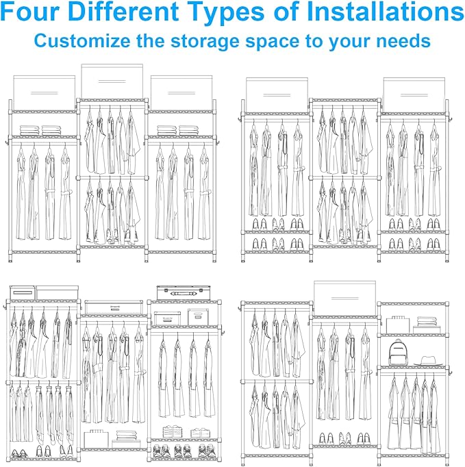 Ulif E13C Heavy Duty Closet Organizer System，Freestanding Clothing Racks for Hanging Clothes，Adjustable Garment Rack 63" W x 16" D x 77" H Hold 960 lbs，White Clothing Rack with Black Dustproof Cover