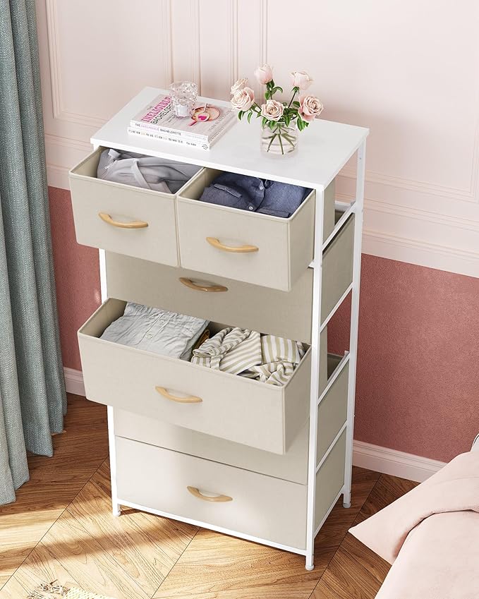 Crestlive Products Dresser for Bedroom Tall Skinny Dresser Storage Tower - Sturdy Steel Frame, Wood Top, Fabric Bins, Wood Handles - Organizer Unit for Entryway, Hallway, Closets - 6 Drawers (Beige)