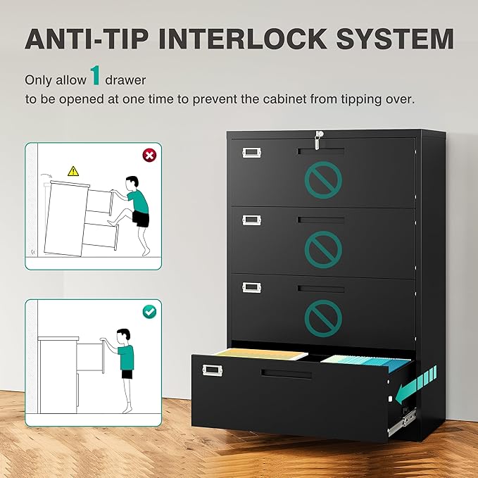 SISESOL 4 Drawer Lateral File Cabinet with Lock,Black Lateral Filing Cabinet,Horizontal Metal Filing Cabinet,Locked Wide Four Drawer File Cabinet for Office Home,Fit A4/F4/Letter/Legal File
