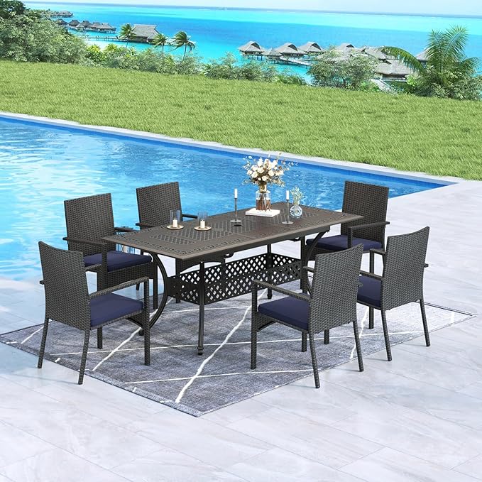 MFSTUDIO Pieces Patio Dining Set, All Weather Patio Furniture Set for with Rectangular Cast Aluminum Table and Wicker Chairs, Outdoor Patio Table and Chairs Dining Set