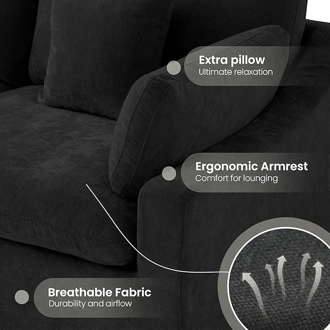 Cloud Couch Modular Sectional Sofa,160" U Shaped Couch, Convertible Wide Seater with Ottoman, 8 Seater for Living Room Set,Covers Washable&Replaceable,Black