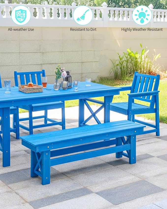 QUASCO Outdoor HDPE Dining Table Set, 6-Piece Outdoor Patio Dining Sets with Umbrella Hole Table and 1 Bench and 4 Chairs for Backyard, Deck, Garden and Poolside, Blue