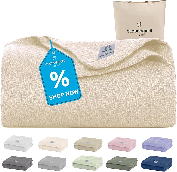 Cloud Scape Linen 100% Cotton Blanket Queen Size - Lightweight All Season & Breathable Blanket, Herringbone Weave, Best Gift for Women, Mom, Men,fits Full Size Bed, 92x92, Ivory