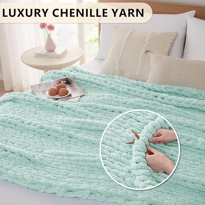 L'AGRATY Chunky Knit Blanket Throw: 60''x80'' Chenille Chunky Knitted Throw Blanket for Bed Couch - Handmade Thick Big Cable Knit Blanket - Large Crochet Rope Blanket for Home Decor(Mint Green)
