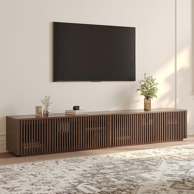POVISON Full Assembled Mid Century Modern TV Stand, Wood Slatted Media Console for 75+ inch TV, Entertainment Center with Storage for Living Room, Low Cabinet with Removable Shelves