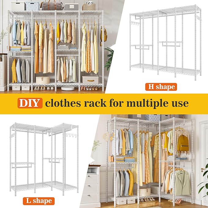 Raybee Clothes Rack Heavy Duty Clothing Racks for Hanging Clothes Loads 1100LBS, Garment Rack Freestanding for Bedroom, 75" H x 75" W x 15.7" D, White