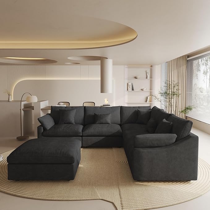 Modular Sectional Sofa Couch, 119.29" V Shaped Modular Couch with Storage Ottoman, Down Filled Convertible Sofa for Living Room, 6 Seat Wide Couches,Cushion Covers Removable,Black