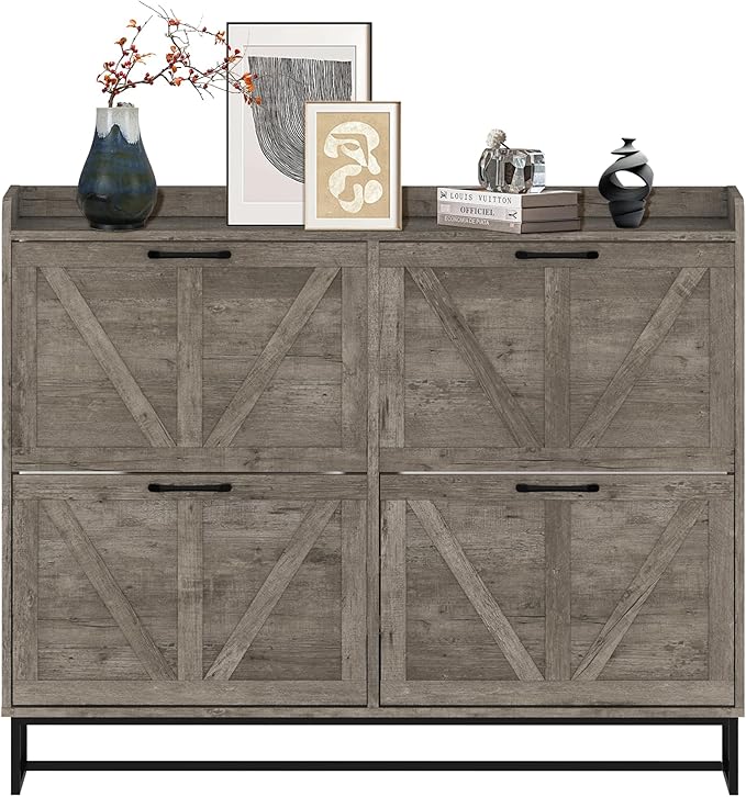 MISHAO Shoe Cabinet Storage for Entryway, Farmhouse Shoe Storage Cabinet with 4 Flip Drawers & Metal Legs, Freestanding Narrow Shoe Rack Cabinet, Rustic Gray