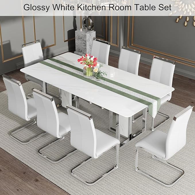 79 Inch Modern Dining Table Set for 8, White Luxury Kitchen Set with 1.8-inch Faux Marble Table Top & 8 PU Leather Upholstered Chairs for Dining and Living Room