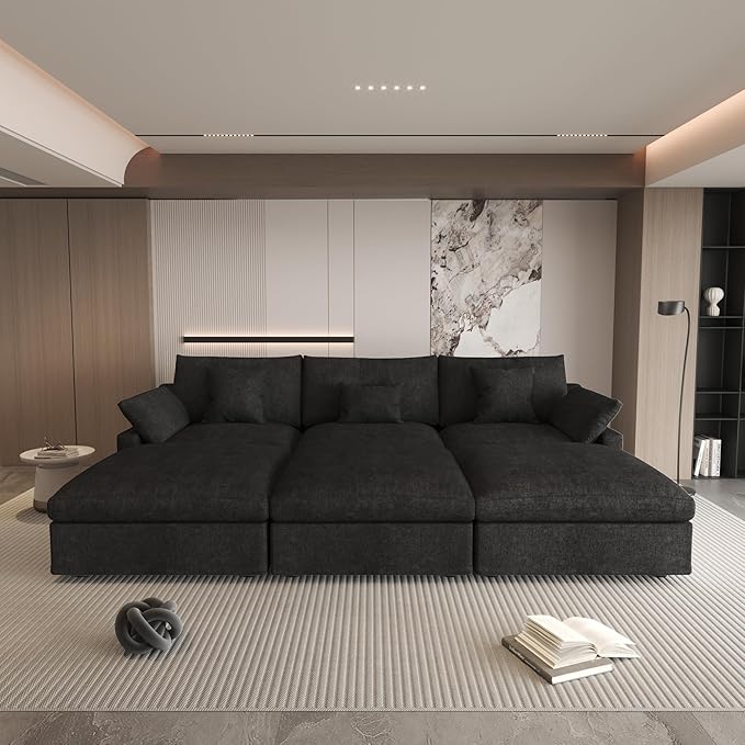 Could Couch Modular Sectional Sofa with Ottoman,Down Filled 120inch U Shaped Couch,Convertible Sofa Bed Living Room Set,6 Seat Sleeper Couched Bed, Cover Washable and Replaceable,Black