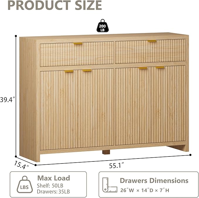 Fluted Sideboard Buffet Cabinet with Storage and Large Drawers, 55" W Credenza Storage Cabinet for Living Room or Entryway, 40'' H Farmhouse Buffet Table with Adjustable Shelves, Console Cabinet
