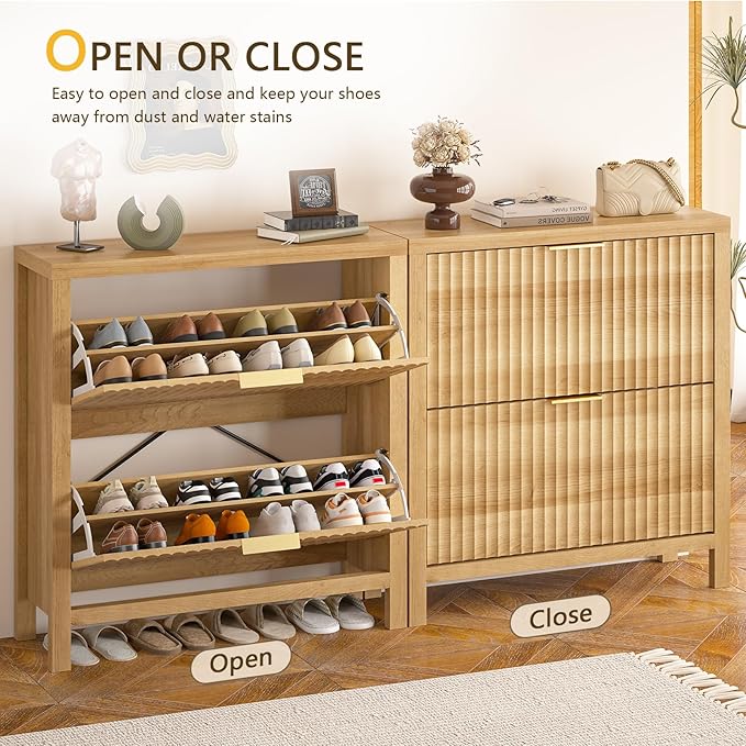 Shoe Cabinet Storage for Entryway, Fluted Shoe Cabinet with 2 Flip Drawers, Hidden Shoe Rack Tall Freestanding Shoe Organizer with Legs for Hallway, Wood