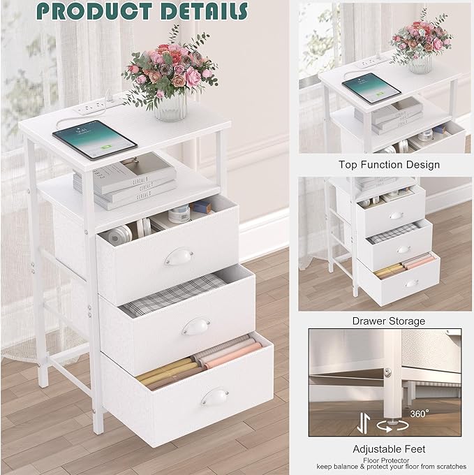 Nightstand with Charging Station,LED White Nightstand with 3 Fabric Drawers PU Finish, Bedside End Tables, 2-Tier Open Storage Shelf Side Table Nightstand with Drawers for Bedroom,White