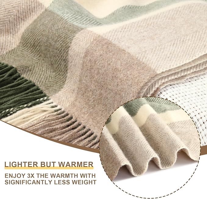Oversized Cream Check Throw Blanket for Couch,100% Wool Throw Blanket for Home Decor, Soft Lightweight Cozy All Season Decorative Vintage Blankets for Travel,Bed, Sofa, Chair, Outdoor 2LBS