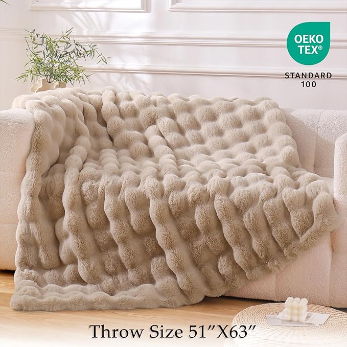 BENVWE Faux Fur Throw Blanket for Couch - Cozy Fuzzy Soft Plush Fluffy Thick Luxury Minky Bubble Blanket for Living Room Home Decor- Mothers Day Birthday Gifts for Women, Beige, 51" x 63"