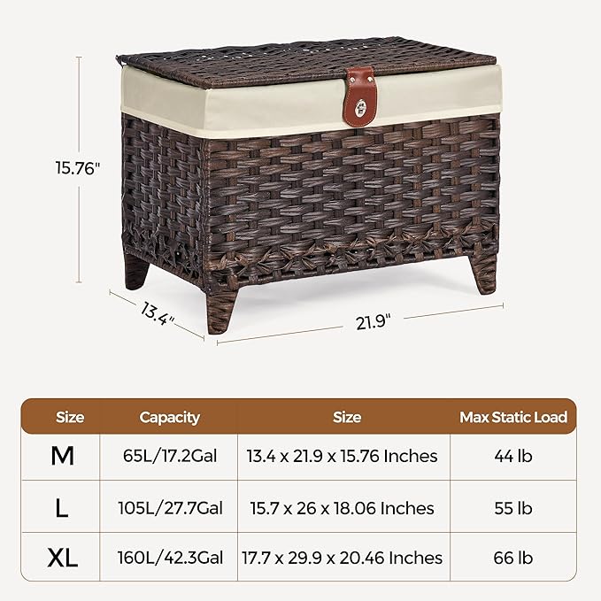 Wicker Storage Basket with Lid,Rattan Shelf Basket with Removable Liner Bag,65L Storage Bin,Storage Trunk with Heightened Feet,Storage Container for Wardrobe,Home Organizer