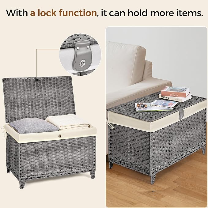 Wicker Storage Basket with Lid,Rattan Shelf Basket with Removable Liner Bag,200L Storage Bin,Storage Trunk with Heightened Feet,Storage Container for Wardrobe,Home Organizer