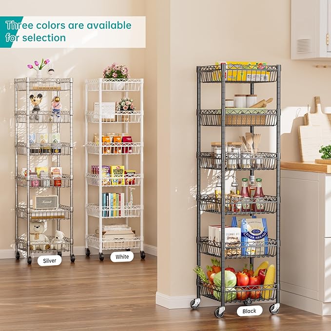 SINGAYE 6 Tier Shelf Wire Rack Shelving with Wheels Metal Storage Shelves Adjustable Closet Bathroom Organizers Baskets Pantry Kitchen Garage Laundry Room 13.5" D x 13.5" W x 63" H Black