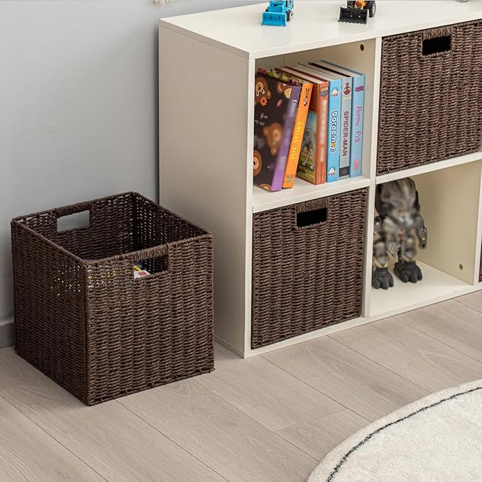 Handwoven Paper Woven Cube Basket Organizer with Handles set of 4 Foldable Storage baskets for Bedroom Living Room Cubby Storage Units for Clothes Books Toys (Brown, 13" L x 13" W x 13" H)