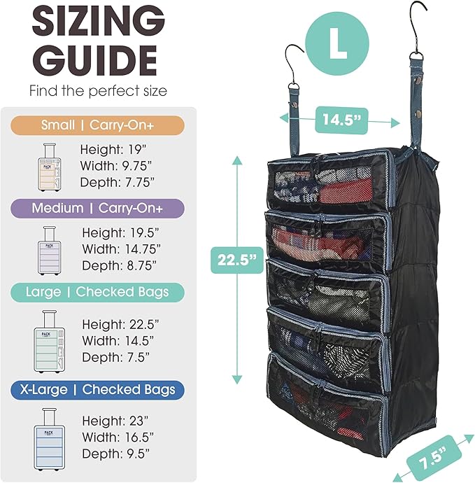 Pack Gear Hanging Suitcase Organizer - Our Large Hanging Luggage Organizer Fits Any Suitcase - Our Packing Cubes For Travel Uses Mesh Windows to Make it Easy to Find your Clothes (Black, L)