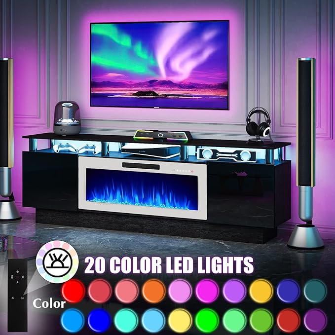 70" Modern Fireplace TV Stand with 36" Electric Fireplace for TVs Up to 80 inch, Luxury LED Light Entertainment Center with High Gloss Cabinet (Black + Silver Posts with White Fireplace)