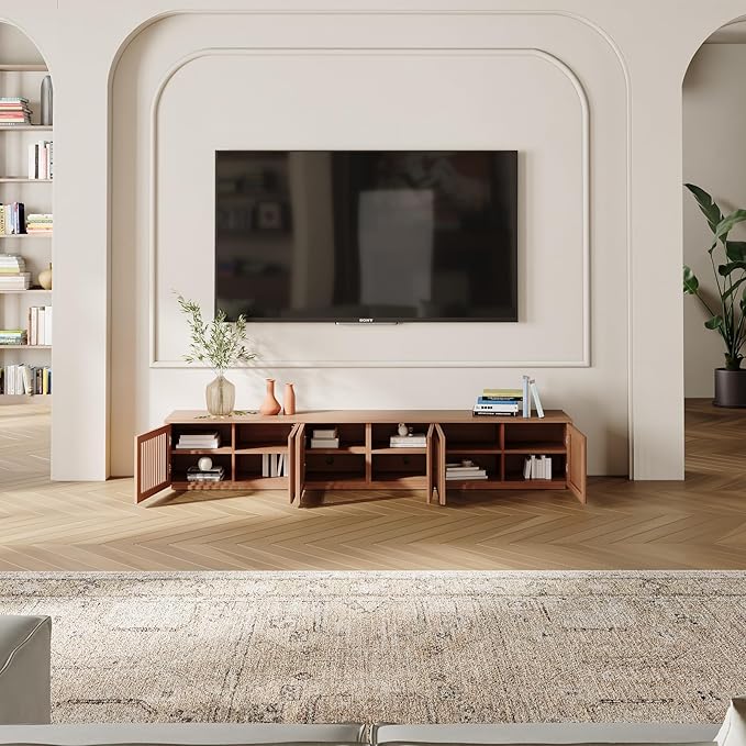POVISON Full Assembled Mid Century Modern TV Stand, Wood Slatted Media Console for 75+ inch TV, Entertainment Center with Storage for Living Room, Low Cabinet with Removable Shelves