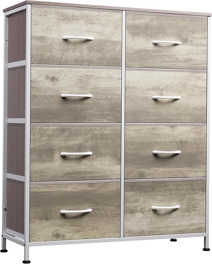 WLIVE Fabric Dresser for Bedroom, Tall Dresser with 8 Drawers, Storage Tower with Fabric Bins, Double Dressers, Chest of Drawers for Closet, Living Room, Hallway, Greige