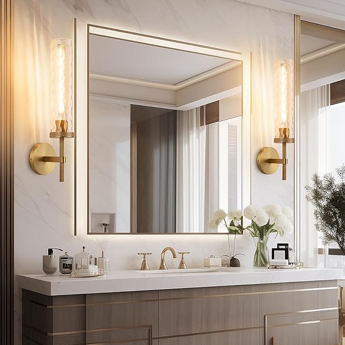 19.5" Knurled Brass Wall Sconces Set of 2, Gold Bathroom Vanity Light Fixtures with Water Ripples Glass Tube, Modern Lamp Lighting for Bedroom, Living Room, Hallway, Staircase, Mirror, Kitchen