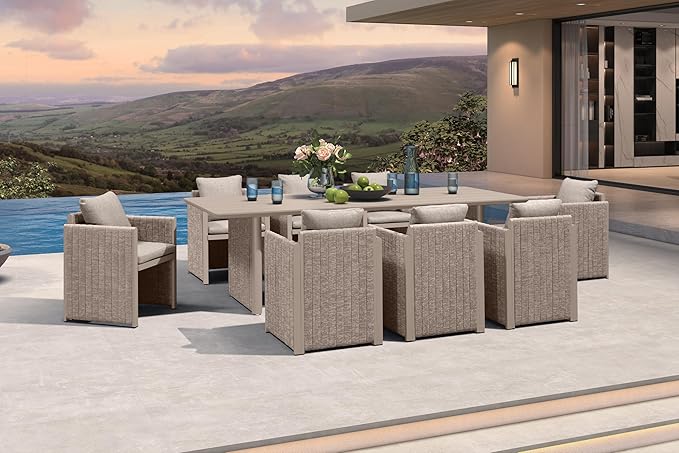 PURPLE LEAF 9 Pieces Outdoor Patio Dining Set Modern Large Weather-Resistant Table and Aluminum Chairs with Olefin Fabric Cushions for Family Dinners Indoor Decor Kitchen Beige