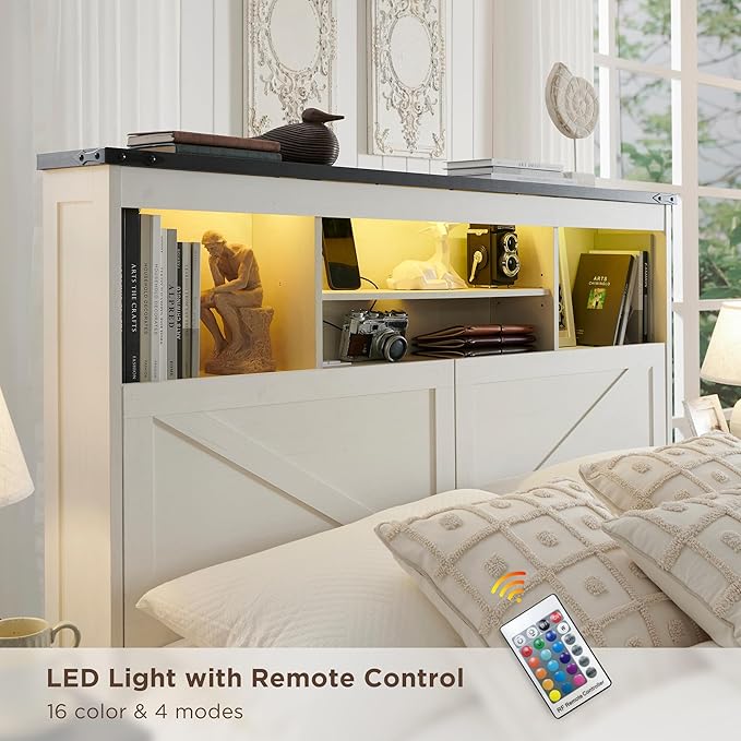 Farmhouse Queen Size Wood Bed Frame with 52" Tall Storage Headboard and 4 Drawers,LED Light,Charging Station,Solid Wood Slats Support,Noiseless,No Box Spring Needed,Antique White