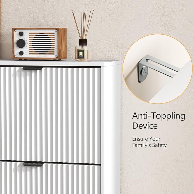 Shoe Cabinet Storage for Entryway with 4 Flip Drawers, White Fluted Shoe Cabinet with Adjustable Shelves, Wooden Hidden Shoes Rack Freestanding Narrow Slim Shoes Storage for Hallway, Entrance