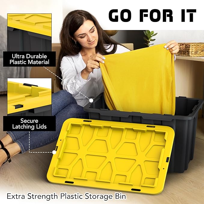 4 Pack of Large 17 Gallon Plastic Storage Bin Tote Organizing Container with Secure Latching Lids, Stackable, Extra Strength Clear with Built in Handle - Black and Yellow
