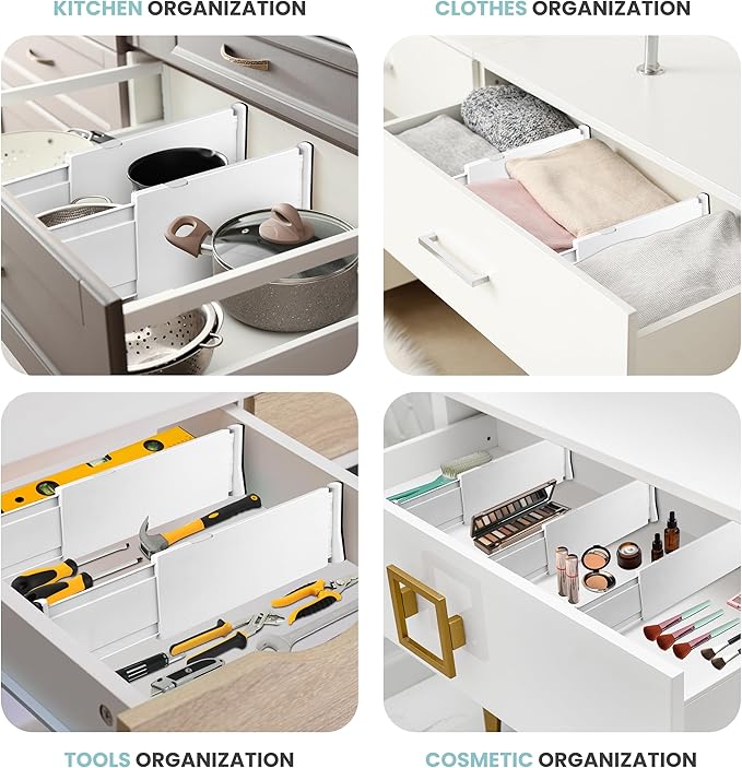 RAPTUROUS Adjustable Drawer Dividers, 8" Tall, Expandable 13.35-22", 6-Pack, Non-Slip for Deep Drawers in Kitchen, Bedroom, and Closet (White)