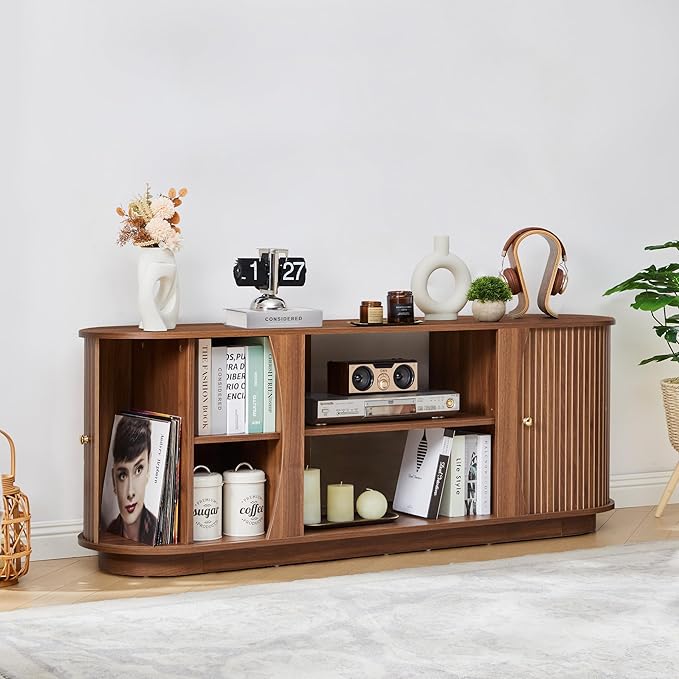 Turtle & Myrtle 63" Mid Century Modern TV Stand for Tvs up to 70", Fluted TV Media Console Table with Storage and Adjustable Shelves, Curved Edge Entertainment Center for Living Room (Walnut)