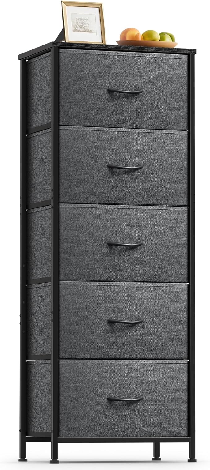5 Fabric Drawer Dresser for Bedroom, Chest of Drawers with Waterproof Wood Top Tall Dresser for Hallway, Living Room, Kid Room (Grey and Charcoal Black)