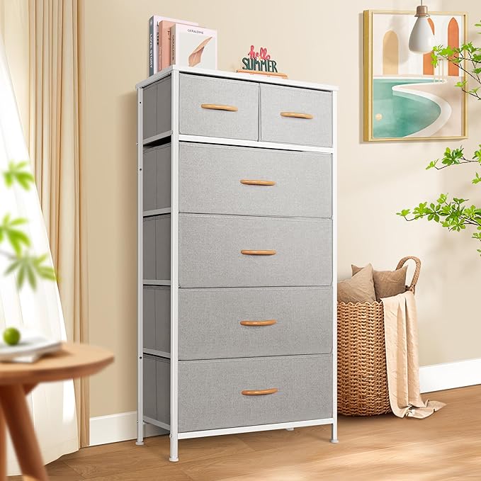Tall Dresser for Bedroom, Vertical Storage Organizer Tower with 6 Drawers, Chest of Drawers with Fabric Bins, Steel Frame, Wood Top for Bedroom, Closet, Entryway- Light Grey