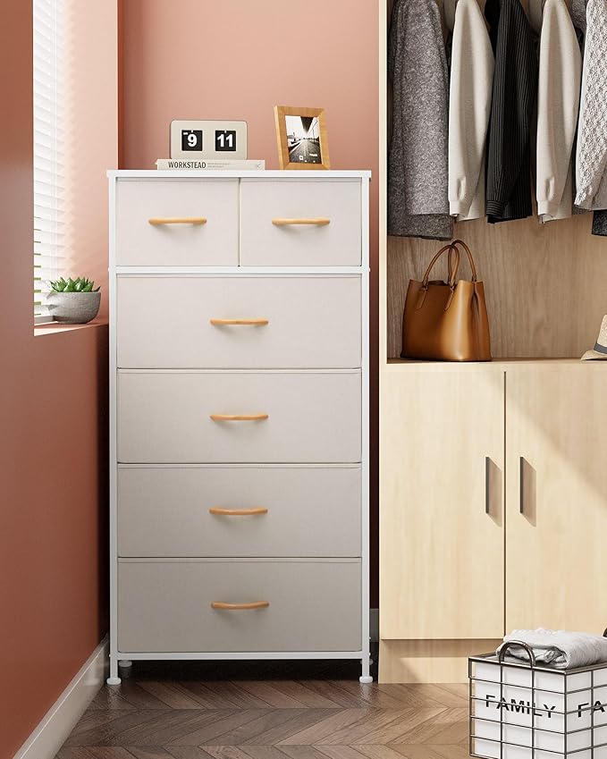 Crestlive Products Dresser for Bedroom Tall Skinny Dresser Storage Tower - Sturdy Steel Frame, Wood Top, Fabric Bins, Wood Handles - Organizer Unit for Entryway, Hallway, Closets - 6 Drawers (Beige)
