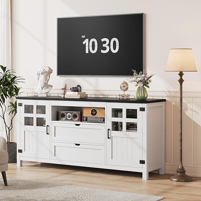 Farmhouse TV Stand with Storage, Entertainment Center TV Console for Living Room, Bedroom (Rustic White)