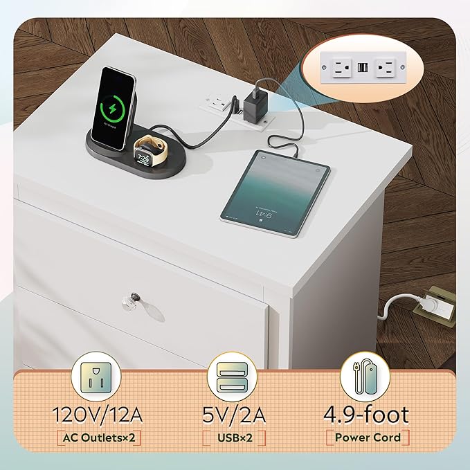 WLIVE Tall Nightstand with Charging Station, Wood Nightstand with 3 Drawers, White Side Tables Bedroom, Dorm, End Table with 2 USB Ports and 2 AC Outlets, Bedside Table