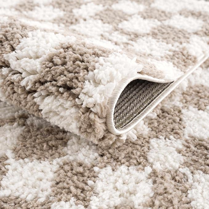 Hauteloom Kieu Contemporary Checkered Fluffy Shag Runner Rug - Modern Geometric Soft Carpet Tiles for Hallway, Kids Room, Nursery - Gray, Taupe, White - 2'7" x 7'3"