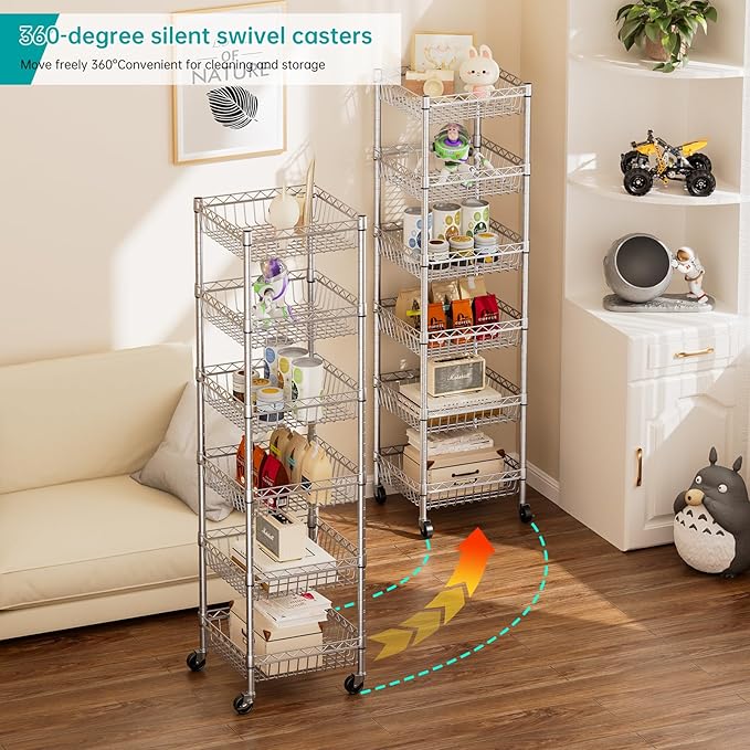 SINGAYE Shelf Storage Wire Shelving：Shelves Rack Standing Units with Wheels Closet Organizers Metal Pantry Kitchen Laundry Room Adjustable 13.5" D x 13.5" W x 63" H Silver
