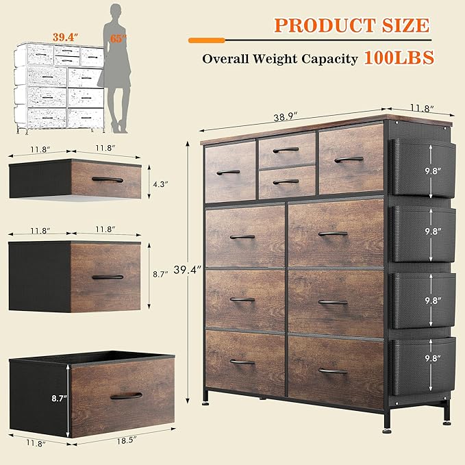 Lulive Dresser for Bedroom with 10 Drawers, Chest of Drawers with Side Pockets and Hooks, Fabric Storage Organizer Unit for Living Room, Hallway, Closet (Rustic Brown)
